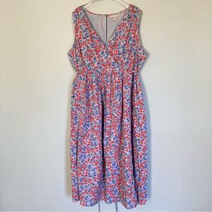Woman Within Dress 24W‎ Ditsy Floral Print Blue Red Surplice Bodice Tie Waist